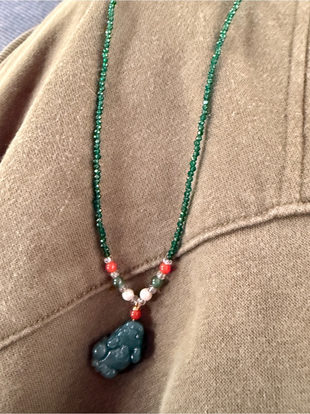 Authentic Grade A Jadeite Jade Pixiu Pendant with green emerald beads necklace